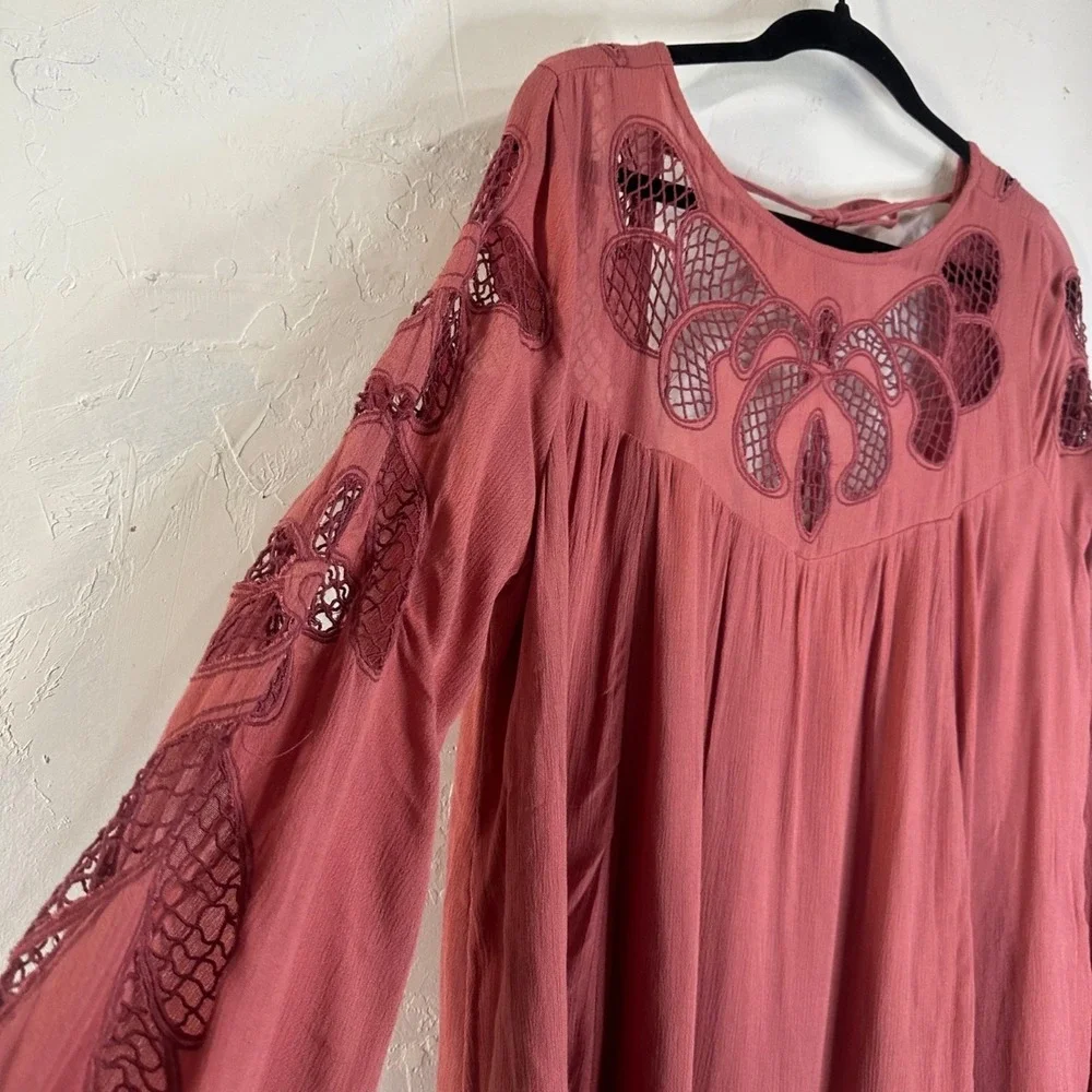 Free People Boho Lace Open Back Mini Dress Womens Size Small Flowy Pink Chic